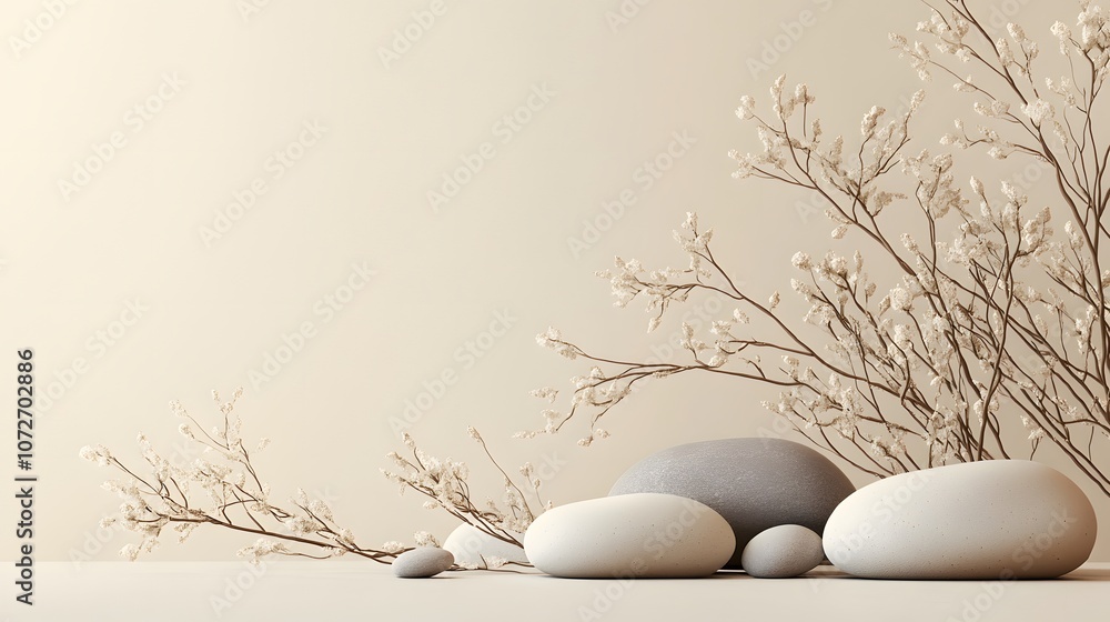 Poster create a mockup with a soft neutral background, showcasing smooth stones and delicate branches arran