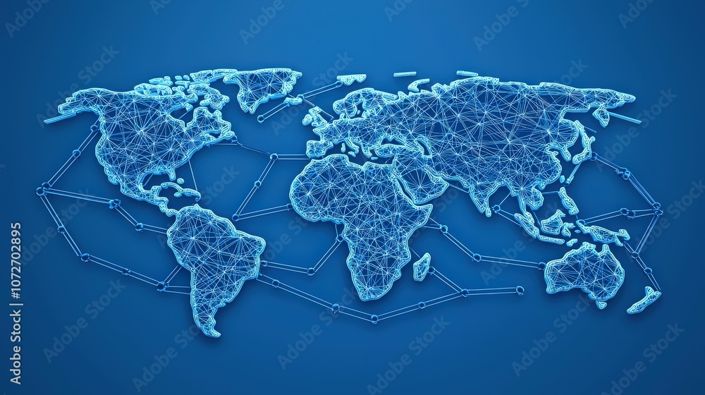 Poster global network connectivity world map interconnected nodes data streams