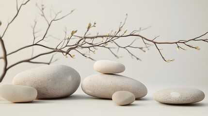 Create a mockup with a soft neutral background, showcasing smooth stones and delicate branches arranged artistically. The composition should have ample front perspective copy space, perfect for