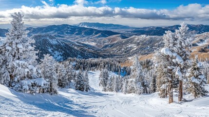 Obraz premium Scenic Snowy Mountain Landscape with Lush Trees and Impressive Terrain Under a Bright Blue Sky, Perfect for Winter Sports and Nature Enthusiasts
