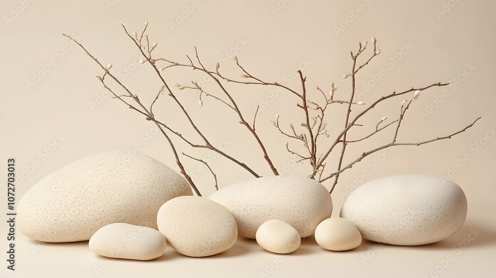 Poster create a mockup with a soft neutral background, showcasing smooth stones and delicate branches arran