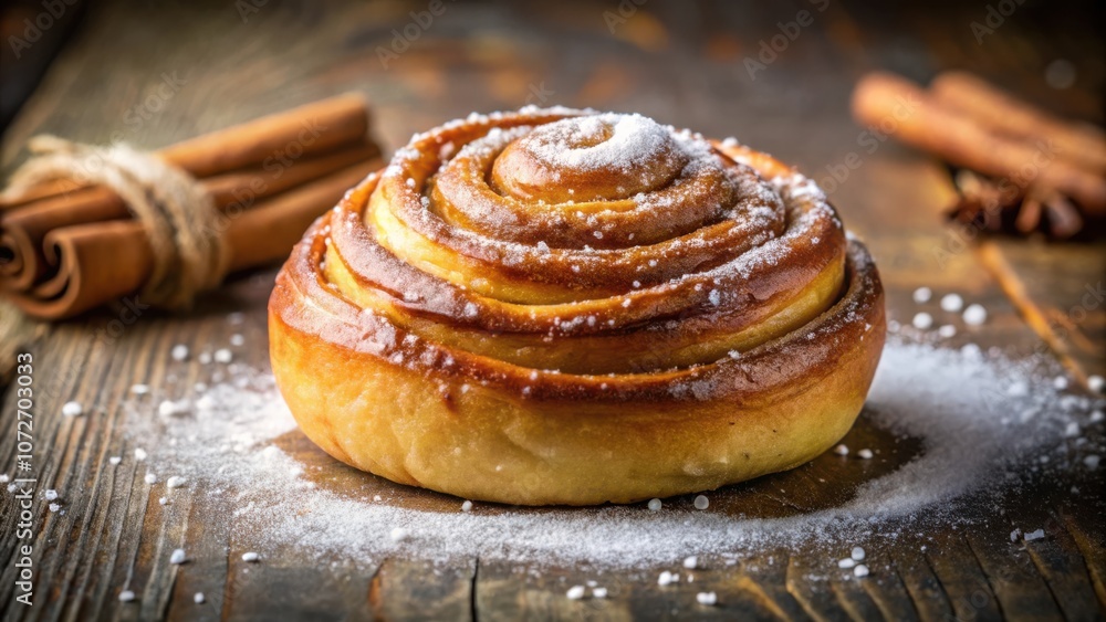 Poster a close-up view of a freshly baked cinnamon roll dusted with powdered sugar, resting on a rustic woo