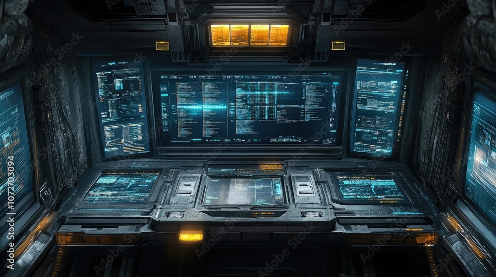 Poster futuristic control room with high-tech interface and display screens showcasing complex data and vir