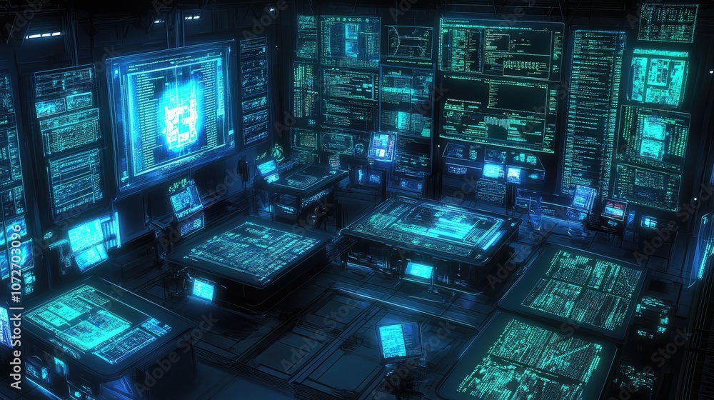 Poster futuristic technology control room with advanced data displays, digital screens, and interactive int