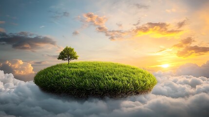 As the sun sets on the horizon, the floating grassy island above fluffy clouds seems to come alive with a magical energy