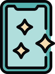 Smartphone display showing shining stars icon on blue background, in filled outline style