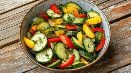 Freshly Sliced Colorful Vegetables in a Rustic Bowl on a Wooden Table, Perfect for Healthy Eating and Culinary Inspiration