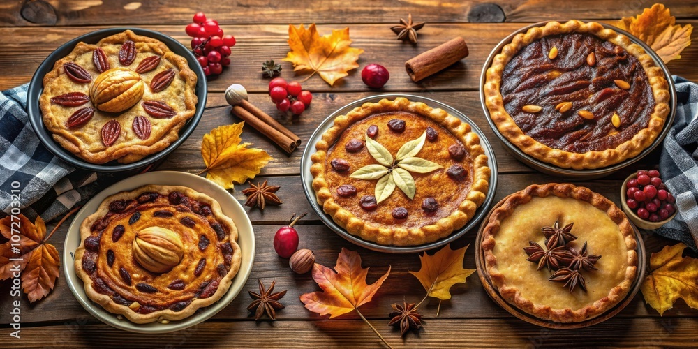 Aufkleber A rustic wooden table adorned with fall foliage, showcasing a delightful array of freshly baked pies, each featuring unique and enticing toppings.