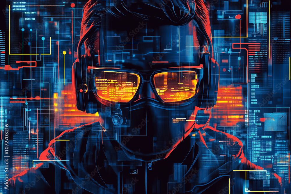 Poster a person with glasses and a mask interacts with glowing digital data and circuit patterns in a dark 
