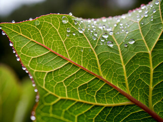 Obraz premium water drops on leaf. leaf, plant, macro, nature, texture, tree, vein, abstract, close-up, closeup, pattern, detail, structure, botany, leaves, foliage, green, flora, close, light, organic, color, vein