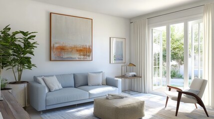 Modern living room with a cozy sofa, elegant decor, and abundant natural light.