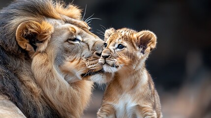 Fototapeta premium Against the contrast of a dark backdrop, a lion cub playfully nuzzles its mothers face while she affectionately licks and cleans its fur