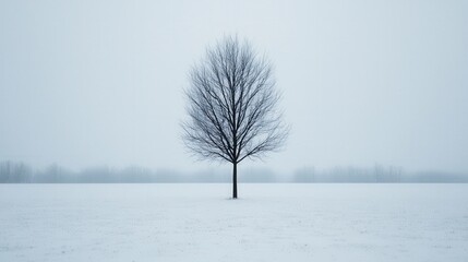 Fototapeta premium Lonely Tree in Winter Snow Field Minimalist Landscape
