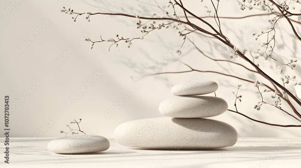Poster capture a calming neutral background with a gentle assortment of small stones and thin branches, arr