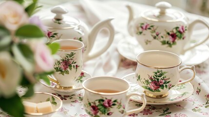 A quintessential afternoon tea setup complete with a vintage teapot matching cups and dainty sugar bowl and creamer.