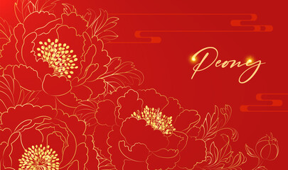 Hand painted Chinese style banner gold linear peony New Year background
