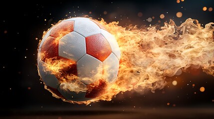 Fototapeta premium The dynamic soccer ball is engulfed in bright orange and red flames, creating a striking contrast against the darkness of the background