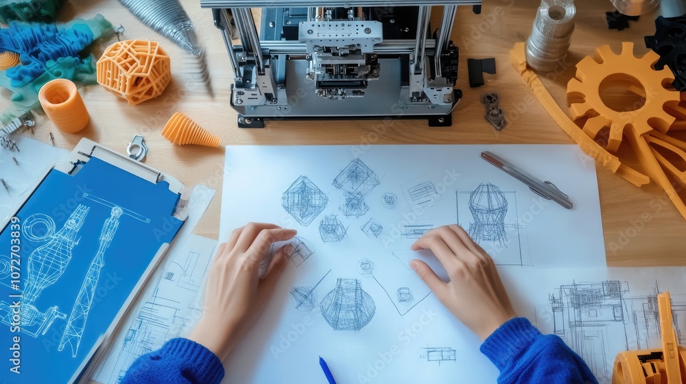 Poster detailed workspace for 3d model design featuring sketches, tools, and a 3d printer, perfect for crea