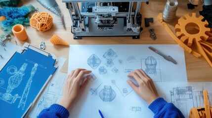 Detailed Workspace for 3D Model Design Featuring Sketches, Tools, and a 3D Printer, Perfect for Creative Projects in Engineering and Design Industries