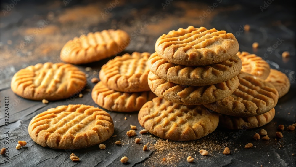 Poster A stack of freshly baked peanut butter cookies on a dark slate surface, scattered with crushed peanut butter bits and a sprinkle of brown sugar.