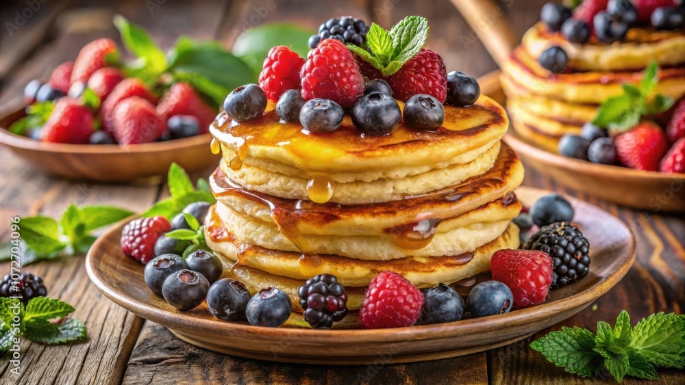 Poster delicious pancakes drizzled with honey and topped with fresh berries on a rustic wooden table