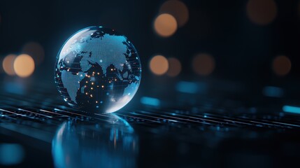 Futuristic digital globe on a reflective surface