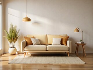 Cozy Beige Sofa Set Against a Minimalist White Wall in a Simple Living Room Interior Design with Ample Copy Space for Decor Ideas and Inspiration