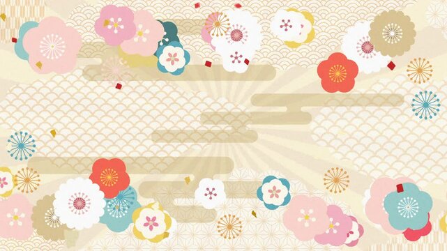 Japanese pattern background for New Year's design. Animation of pink and gold flowers blooming. Loop video. (133)