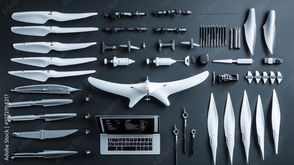 Poster aerial view of various drone components and tools arranged neatly on a dark surface, featuring prope