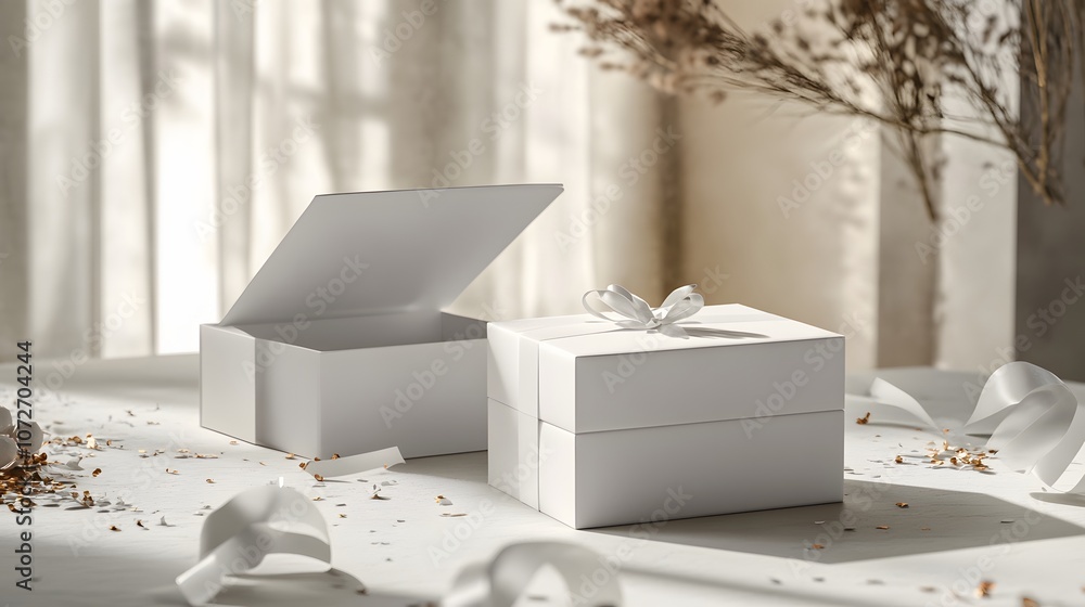 Poster capture a 3d rendering of a white folding gift box in a festive setting, with one box opened and ano