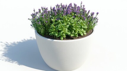 Freshly planted herb pot with vibrant purple lavender and lush green basil, perfect for home gardening, culinary use, and natural decor enhancement