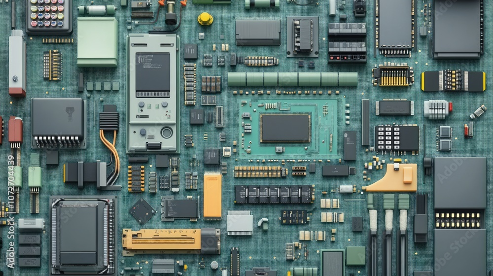 Poster detailed close-up of a circuit board with various electronic components and connections featuring tr