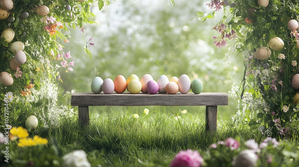 Poster create an idyllic setting with a collection of colorful easter eggs displayed on a rustic wooden ben