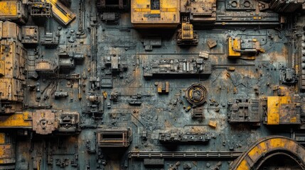 Aerial View of Abandoned Industrial Complex with Weathered Surfaces and Vibrant Yellow Accents in Urban Decay Setting, Captivating Textures and Patterns Highlighted