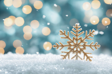 beautiful snowflake decoration on snowy surface with blurred background of festive lights, creating magical winter atmosphere