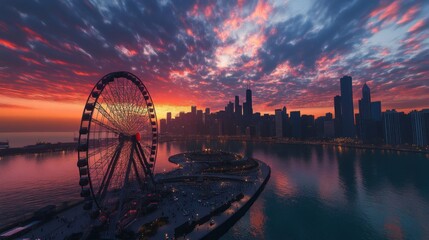 Obraz premium Chicago Skyline Sunset with Ferris Wheel