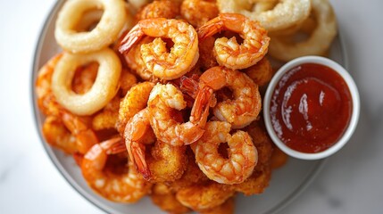 Fried Shrimp, Onion Rings, and Sauce