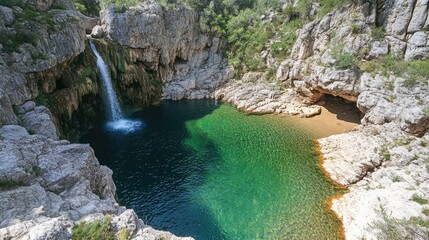 Serene Waterfall Cascade Flowing Into Tranquil Pool Surrounded by Lush Greenery and Rocky Cliffs in a Remote Natural Landscape