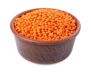 Raw lentils in bowl isolated on white