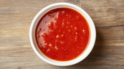 Rich and Flavorful Red Tomato Sauce in a White Bowl on Wooden Surface, Ideal for Pasta Dishes, Dips, and Culinary Creations for Food Photography Needs