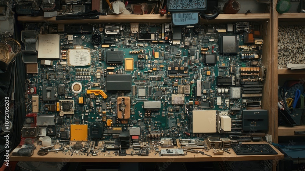Poster intricate array of electronic components and circuit boards as a detailed handmade display of techno