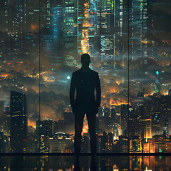Fototapeta premium Businessman in a suit stands at a high-rise window, overlooking a futuristic cityscape filled with lights and skyscrapers, with a digital overlay. Concept of ambition and technology