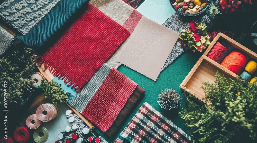 Aufkleber colorful collection of fabrics and craft supplies on a table with textures and patterns for diy proj