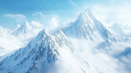 Stunning snow-covered mountain peaks enveloped in soft clouds under a clear blue sky, capturing the beauty and majesty of nature's winter landscape.