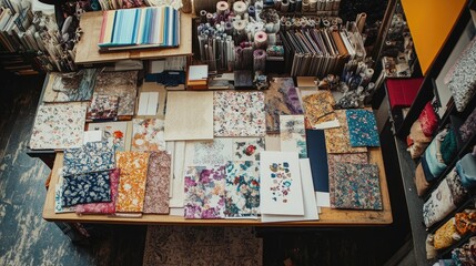 Colorful Crafting Supplies and Floral Patterns Spread Across a Wooden Table in a Cozy Art Studio Full of Creativity and Inspiration