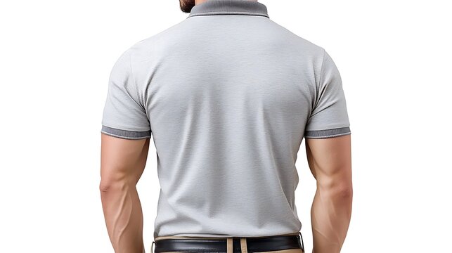 Turning to the back view of the gray crew neck polo t shirt, the clean lines and tailored fit create a sleek silhouette that flatters the wearer
