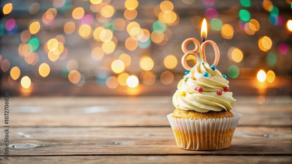 Poster A Festive Cupcake with a Lit Candle and Colorful Sprinkles on a Rustic Wooden Table with Bokeh Background