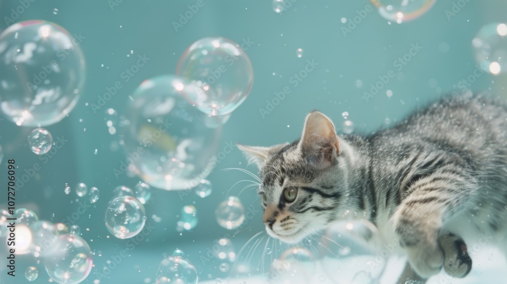 Poster an animated gif of a cat chasing bubbles of different sizes representing the playful nature of bubbl