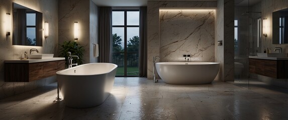 Luxurious Bathroom Retreat:  A serene and sophisticated bathroom oasis with two freestanding bathtubs, natural light streaming through a large window,  contemporary fixtures.