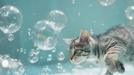 An animated GIF of a cat chasing bubbles of different sizes representing the playful nature of bubble wrap.